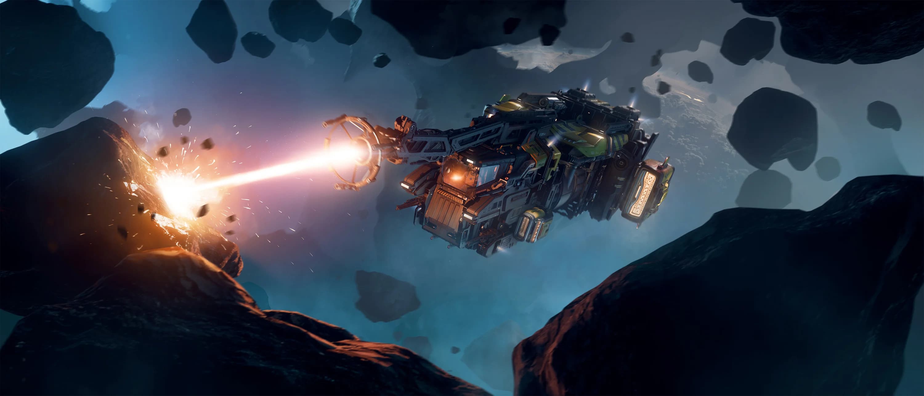 Demolition operator ship in an asteroid field with mining beam